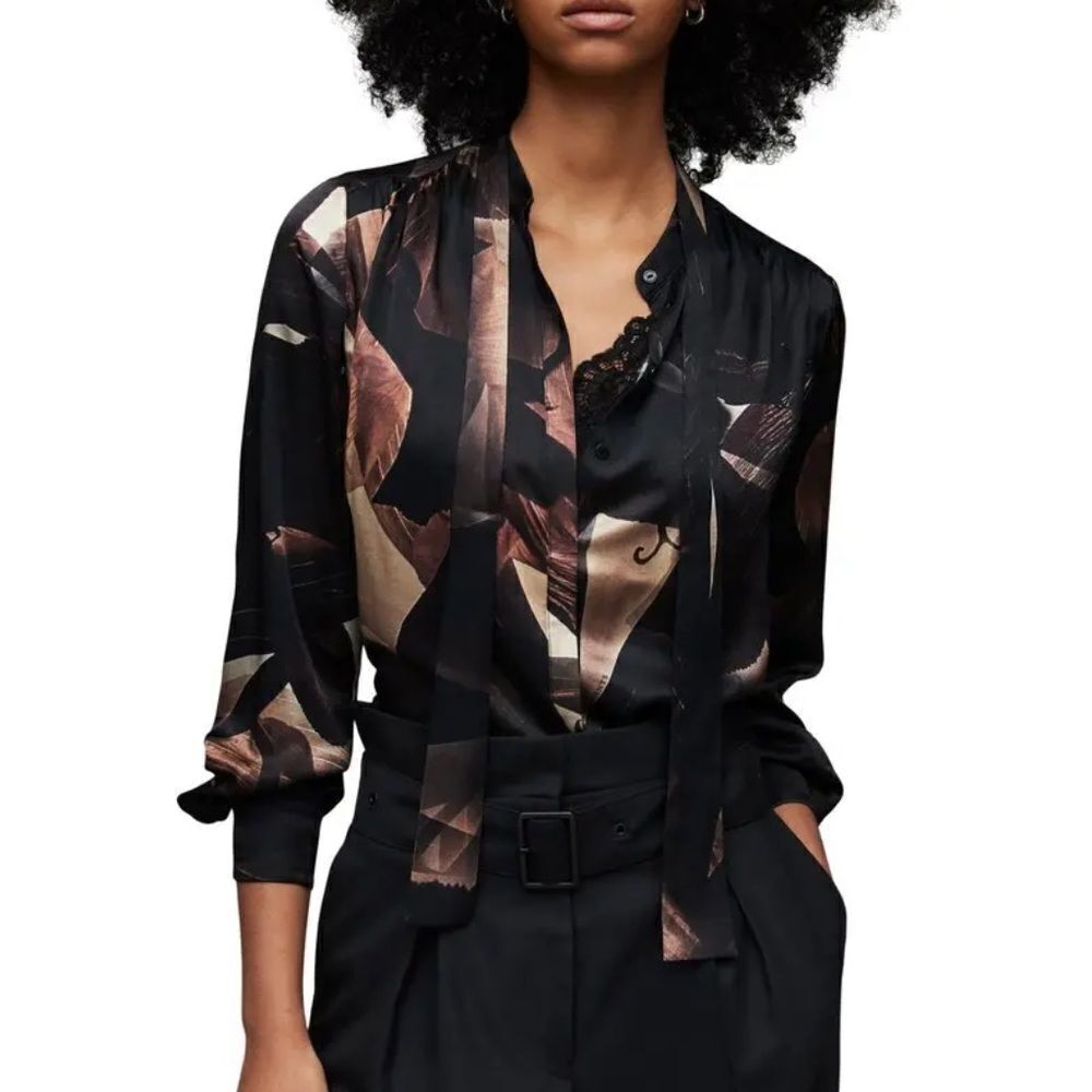 All Saints Black Satin Abstract Floral Tie-Neck Blouse with Bronze Accents